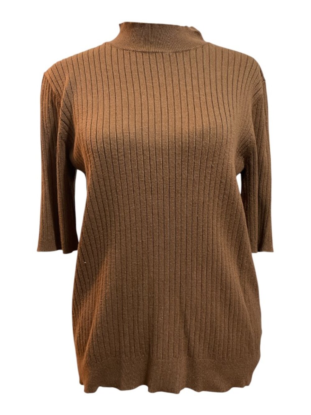 Brown Ribbed Knit Stretch Short Sleeved Mock Turtleneck Pull-On Sweater Top